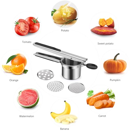Potato Ricer Masher, Food Grade Stainless Steel Potato Ricer Press with 3 Interchangeable Discs, Multifunctional Ricer for Mashed Potatoes, Puree, Fruit & Vegetables, Baby Food