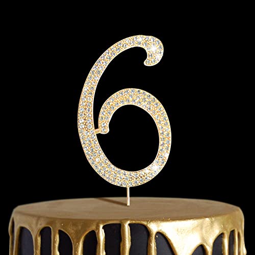 Number Cake Topper 6, UNIIDECO Gold Rhinestone Premium Metal Bling Bling Cake Decor, Sparkly Happy Birthday Wedding Anniversary Party Decoration Centerpiece (Gold, 6)