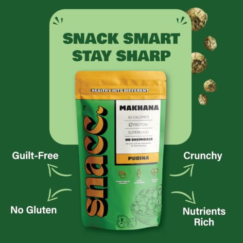 Image of Snacc Makhana, Spicy Roasted Fox Nuts, Protein Rich, Gluten Free, MSG Free, Zero Trans Fat, Zero Sugar, Low Calorie 60 g (Pack of 2, PUDINA)