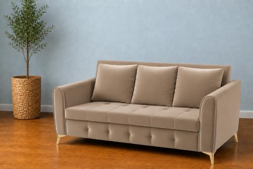 Image of Adorn India Premium Mystic - 3 Years Warranty - 3 Seater Sofa Cum Bed Velvet Suede Fabric - Beige