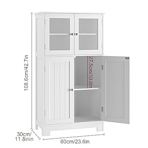 Bathroom Cabinet, Storage Cabinet with Adjustable Shelves & Glass Doors, Freestanding Floor Cabinet Cupboard for Living Room, Home Office White Bathroom Cabinet Storage Cabinet with Adjustable Shelves Glass Doors Freestanding Floor Cabinet Cupboard for Living Room Home Office White