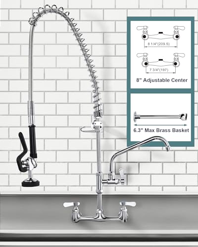 Image of 36 inch Height Commercial Faucet Wall Mount with Sprayer 8 inch Adjustable Center 10 inch Swing Spout, Kitchen Sink Faucet with Pull Down Pre-Rinse Sprayer for Restaurant Industrial Kitchen, Chrome