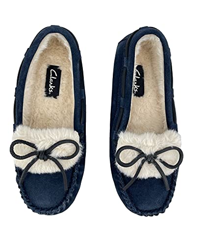 Clarks Womens Folded Tongue Leather Moccasin Slipper ICH30746C - Plush Faux Fur Lining - Indoor Outdoor House Slippers For Women (9 M US, Navy)4