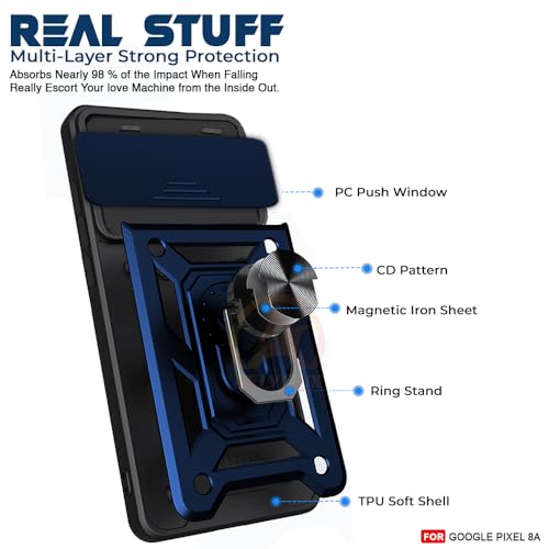 Image of Armor Bumper Back Cover Case for Google Pixel 8A Rotating Camera Cover, Ring Holder & Kickstand | Heavy Duty & 360 Degree Protection Google Pixel 8A Back Cover (Blue)