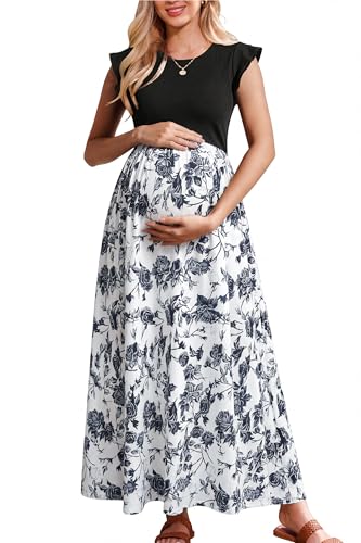 Image of OUGES Women's Maternity Dress Summer Ruffle Sleeve Patchwork Casual Flowy Maxi Dresses with Pockets
