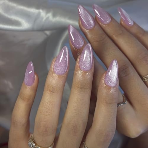 KQueenest Glitter Cat Eye Press on Nails Almond with UV Coating, Light Purple Fake Nails Press ons Medium, Sparkly Acrylic Nails Glue on - 30 Reusable False Nails for Women Salon Manicure, Lilac