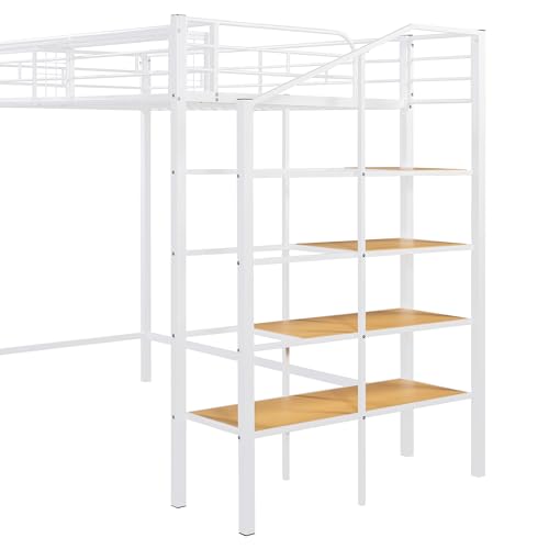 Image of Bellemave Twin Size loft Bed with Storage Stairs and Upper Grid Storage Shelf, Metal Twin Loft Bed Frame for Adults, Kids, Teens, White