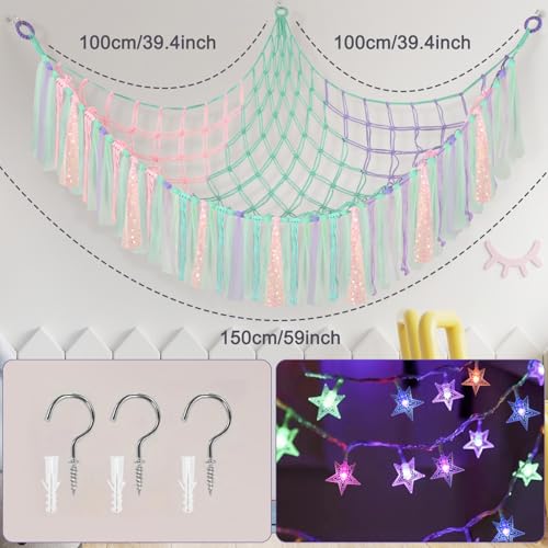 Lunriwis Kuscheltier Aufbewahrung Netz mit LED-Leuchten, Boho Makramee Spielzeug kinderzimmer deko, StofftieStofftier Aufbewahrungstasche Hängematte Aufbewahrung Kuscheltiere Lila