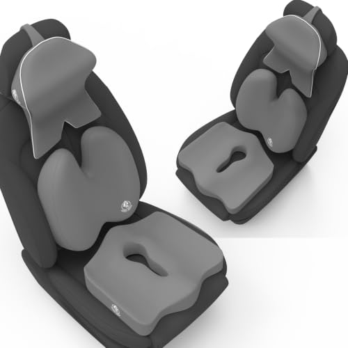 Image of MRRON Memory Foam Posture Corrector Car Seat Cushions Combo | Orthopedic Backrest, Coccyx Cushion & Neckrest | Ergonomic Lumbar Comfort Seat Cushion | Reduces Sciatica (Grey, Backpro)