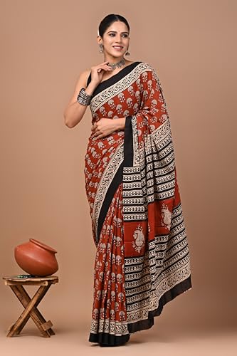 Image of Crafts Moda Pure Cotton Floral Print Saree with Blouse for Women