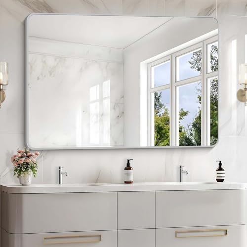 Image of 55x36 Inch Silver Bathroom Mirror, Large Rectangular Vanity Mirror, Metal Framed Rectangle Mirror, Rounded Corner Wall Mounted Mirrors for Living Room Bedroom Entryway Horizontal or Vertical