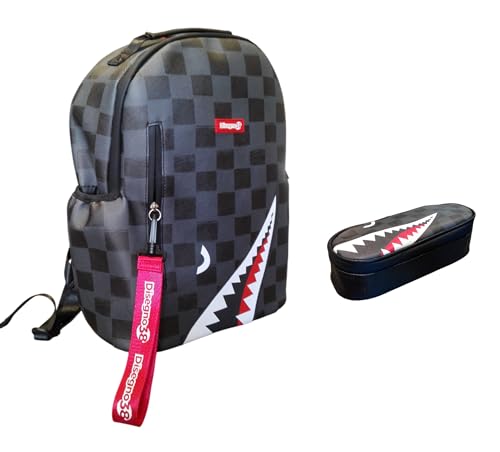 PRESTIGE & DELUXE Sac à dos école bureau université dessin 38 graphiques à carreaux gris avec requin dim. 40 x 30 x 16 cm + trousse ovale zip + 7 stylos...