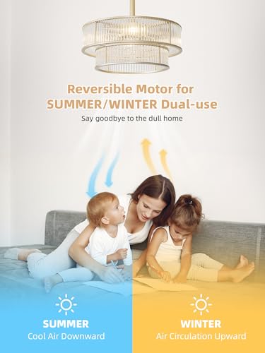 Image of 20 Inch Gold Crystal Fandelier Ceiling Fan with Light, Mid Century Gold Fandelier Ceiling Fans with Lights Remote Control, Caged with 6 Speeds for Bedroom, Nursery, Living Room(US-FS-SJ03)