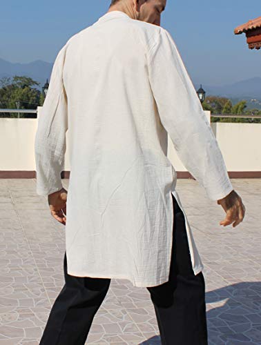 Image of Chinese Collar Mens Long Naval Jacket Many Button Tai Chi Cotton