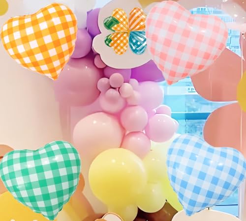 Image of 4pcs 18 inch Colorful Heart Checked Balloons Pink Orange Green Blue Gingham Striped Plaid Heart Foil Balloons for Spring Party Decorations Picnic Party Birthday Party Wedding Baby Shower Party Decor