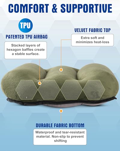 Image of Inflatable Camping Pillow - Ultralight Compact Travel Pillow, Picnic-Green | Beach, Blow Up, Portable, Sleeping Bag Pillow, Backpacking, Soft Velvet Cover, Machine Washable Air Pillow