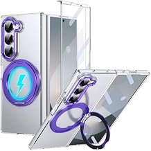 Samsung Galaxy Z Fold 7 Case with Rotating Ring Stand, Wireless Charging, Magnetic, Clear PC Cover, Purple
