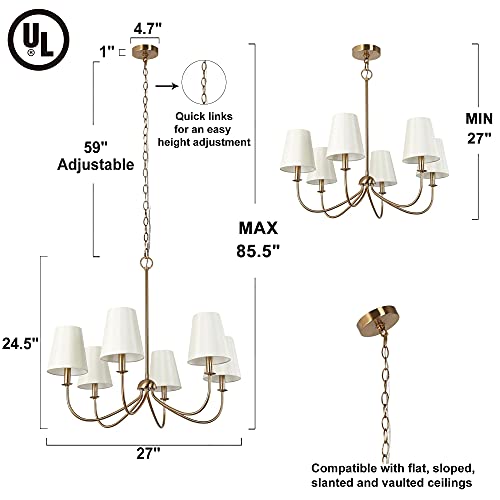 Durent Lighting Brass Chandelier With 6 Fabric Shades, Traditional Dining & Living Room Chandelier With Polished Metal Frame, 27” Classic Lighting Fixture For Bedroom, Height Adjustable #TOP1