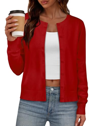 IWD Womens Cardigan Sweaters Crew Neck Long Sleeve Lightweight Button Down Sweater 2026 Spring Trendy Knit Tops (Red Medium)