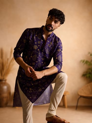 Image of Amazon Brand - Tavasya Men Silk Blend Ethnic Motif Printed Embellished Long Kurta | Regular Fit | Ethnic Wear | Full Sleeve