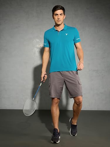 Image of TECHNOSPORT Men's Solid Slim Fit Polo Collar T-Shirt TECHNOCOOL+ Half Sleeve Button Polyester for Gym Running Workout UPF50+ Anti Odour