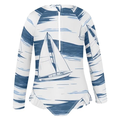 Girls One Piece Swimsuits White Boat Sailing in Sea Pattern Beach Swimwear Long Sleeve Bathing Suit2