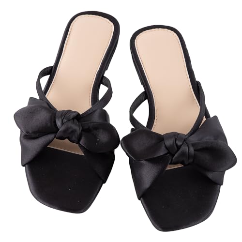 Mtzyoa MZ-A-93B-112-24 Women Flat Sandals Black Satin Size 8 Cute Bow Cream Vacation Cute Bowtie Summer Casual Vacation Bohemian Ladies Leather Beach Comfy Champagne Slides cover