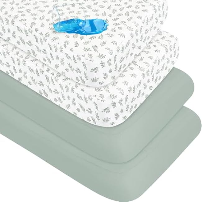 Biloban 4-Pack Crib Sheets Waterproof for Boys Girls, Fitted Crib Sheet for Standard Crib and Toddler Mattress Protector, Super Soft Microfiber Baby Sheet 52x28x8in(Green+Leaf)