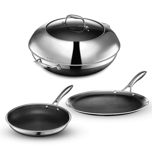 Comparison: Best Hexclad Hybrid 14 Pan 11 HexClad Hybrid Nonstick 4-Piece Cookware Set, 14" Wok with Lid, 12" Griddle, and 10" Pan, Stay-Cool Handles, Dishwasher and Oven-Safe, Induction Ready, Compatible with All Cooktops