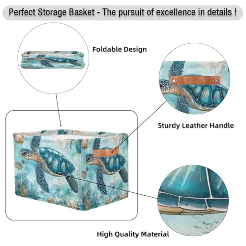 Image of Turquoise Turtle Storage Baskets for Organizing, Fabric Collapsible Storage Bins Box Ocean Seashell Decorative Toy Organizer Baskets for Closet Shelves Gift Basket 1 Pc