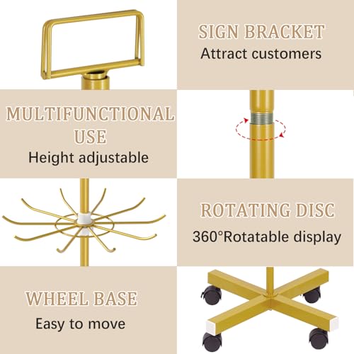 Image of Retail Display Stand Store Display Rack 6 Tier Metal Spinning Display Stand Rack with Wheels Keychain Jewelry Stocking Hat Stand with Hooks for Malls, Showroom, Retail Store (6 Tier Gold)