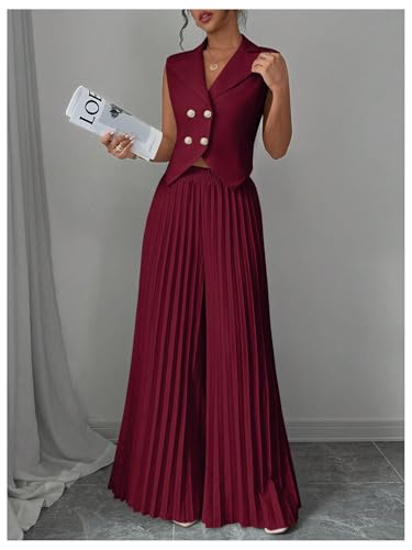 SOLY HUX Women's 2 Piece Business Outfit Button Down Lapel Collar Crop Vest Top and Pleated Pants Set3