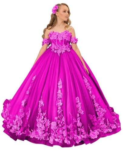 Tulle Appliques Flower Girl Dress for Wedding Off Shoulder Princess Pageant Dress for Girls Kids Formal Ball Gowns