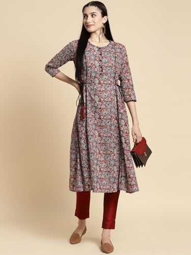 Image of rangita Women's Cotton Relaxed Fit Flared Calf Length Printed Kurti | Kurta