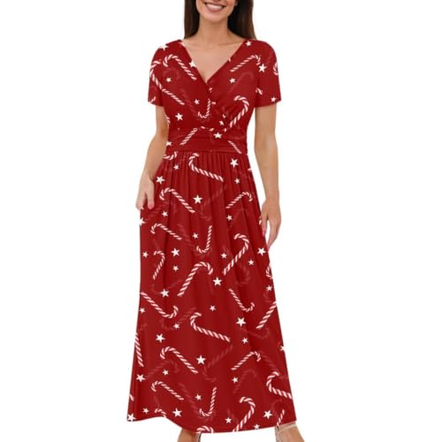 Image of Women's Fall Summer Short Sleeve Ankle Length V-Neck Party Dress with Pockets Size S-3XL
