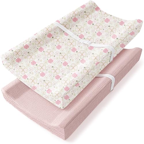 Image of Bearmoss Changing Pad Cover, 2 Pack Muslin [100% Cotton] Diaper Changing Table Covers, 32'' x 16'' Soft Breathable Changing Pad Sheets for Unisex Baby Girls and Boys with Strap Holes (Pinkfloral)