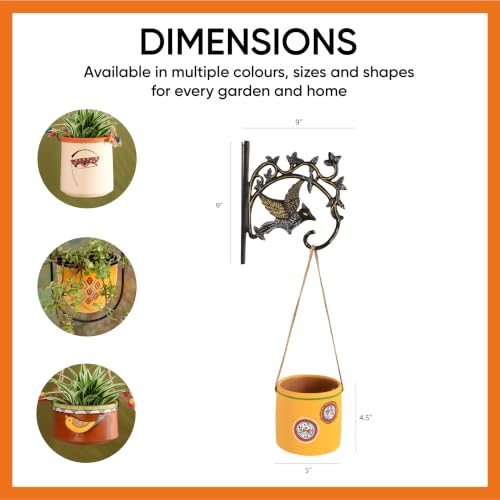 Image of AAKRITI ART CREATIONS Terracotta Hanging Planter with Metal Stand | Yellow Warli Art, Matte Finish | Decorative Hanging Pot for Indoor & Outdoor Home Decor