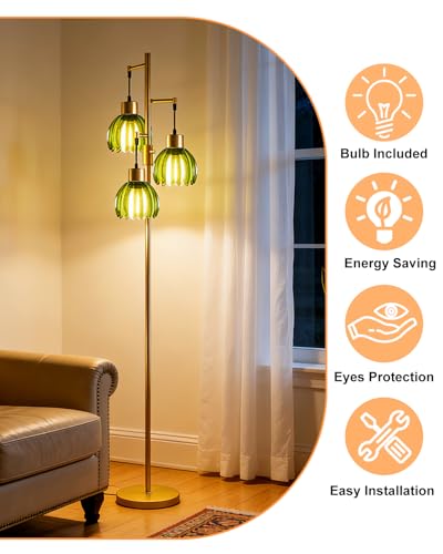 Image of Lightdot 65'' Green Glass Floor Lamp Dimmable Gold Floor Lamps with Lotus Glass Shade& 3000K Bulbs Included 3-Lights Modern Tall Standing Lamp with 5Lbs Heavy Base for Living Room /Bedroom /Sofa Beside