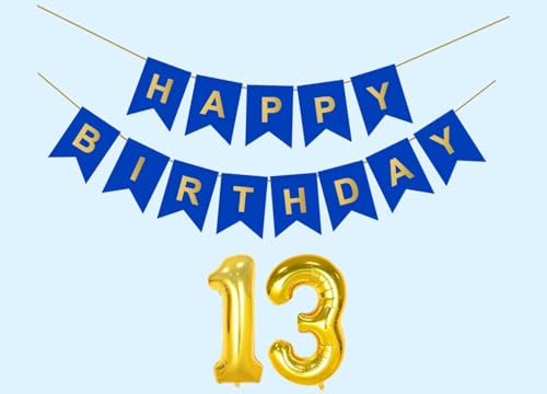 Image of 13th Happy Birthday Decoration Kit Dark Blue for 13 year Old Boys Girls Teenage with Number Thirteen Party Decorations Decor Celebration Items Item Set Combo Reusable Paper Banner