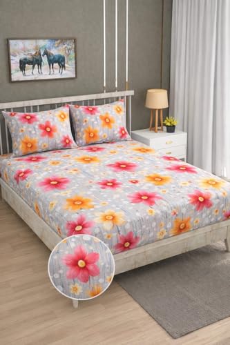 Image of RUMPS 380 TC Premium Heavy Cotton 7D Print Fast Colour Feel Elastic Fitted Floral Bedsheet King Size with 2 Pillow Covers || (7d Grey Flower, Fitted - Double-72 x72)
