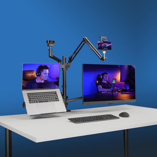 Hama Supporto Per Monitor Per Setup Streaming (4 Braccia, Regolabile In Altezza, Girevole, Inclinabile, Braccio Microfono, Treppiede Da Tavolo, Per 2 Monitor, Microfono, Fotocamera, Luce Streaming, - 8