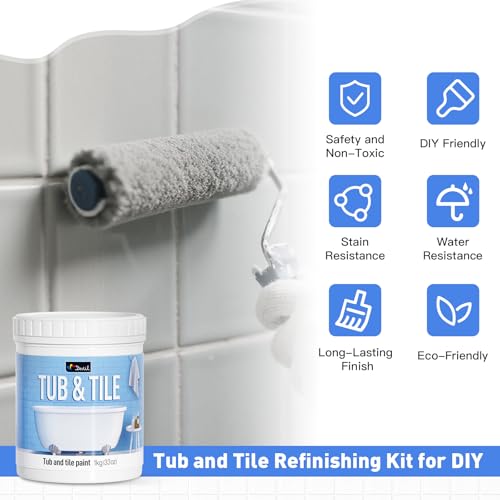 Tub and Tile Refinishing Kit With Hardener, Water-Based Low Odor Bathtub Paint for Bathroom Sink, Semi-Gloss Light Grey, 25-30 sq.ft