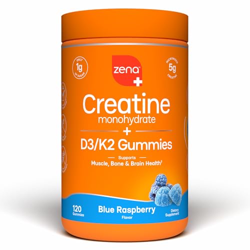 Zena Nutrition Creatine Gummies with D3 & K2 Creatine Monohydrate for Men and Women Supports Bone Muscle & Cognitive Health Gummy Workout Supplement Blue Raspberry Flavor 120ct 30 Servings