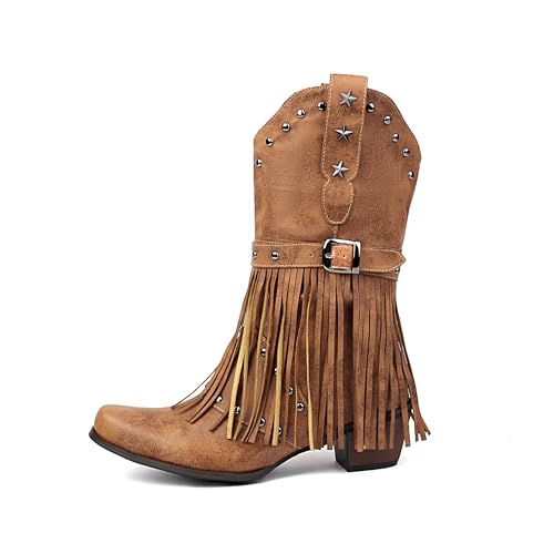 Cowboy Boots for Women Cowgirl with Fringe Star Studded Pointed Toe Chunky Heel Pull-On Western Country Boot2