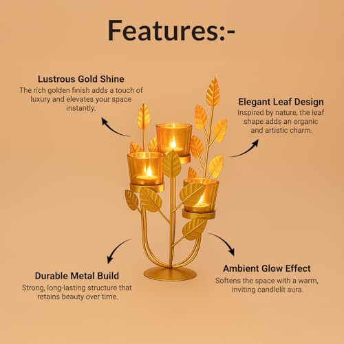 Image of MARKET 99 Metal & Glass 3-Votive Leaf-Shaped T-Light Holder | Romantic Golden Candle Stand for Valentine's Day Decor & Gifts | Decorative Centerpiece for Home, Table, Diwali, Wedding & Festive Use
