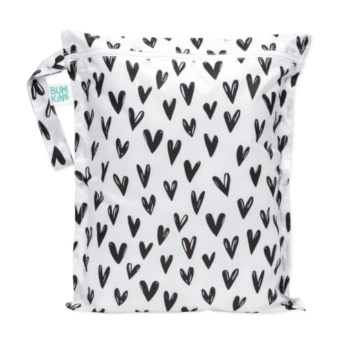 Image of Bumkins Waterproof Wet Bag for Baby, Travel, Swim Suit, Cloth Diapers, Pump Parts, Pool, Beach, Gym Clothes, Toiletry, Hook to Stroller, Daycare, Zipper Reusable Wetdry Packing Pouch, Black Hearts