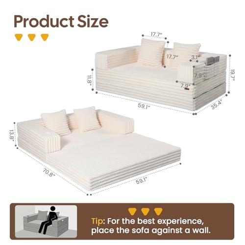 Image of COMAX Futon Sofa Bed, 4‑in‑1 Convertible Sofa Bed, Folding Boneless Couches | Boneless Couch for living room, Fold Out Small Foldable Loveseat Floor Sleeper Mattress Lounge Space‑Saving, Light Beige