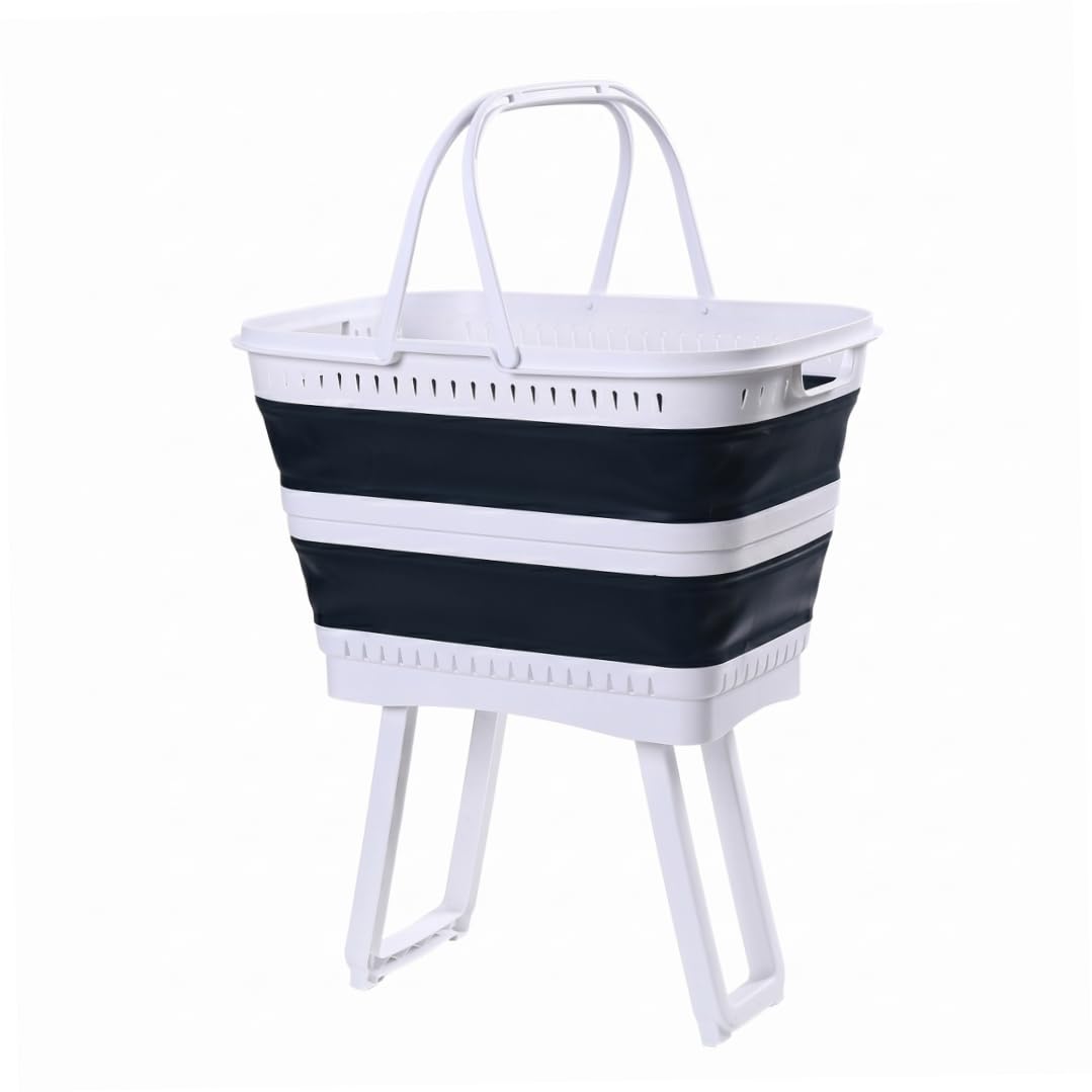 Cesto Portabiancheria Pieghevole in Plastica con Gambe, Cesto Pieghevole di Capacità da 26 Litri con Manici per Bagno, Camera da Letto, Cucina, Sala Giochi, Dormitorio, Blu Scuro