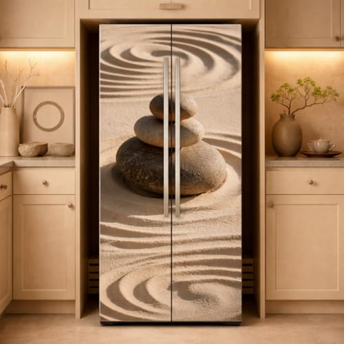 GOMAKERER 2pcs Revêtement Amovible pour Réfrigérateur en Sable de Pierre Zen Autocollant Mural en Vinyle pour Porte de Congélateur pour la Décoration de...