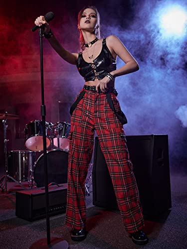 WDIRARA Women's Y2k Plaid Print Elastic Waist Fashion Straight Leg Pants Trousers4